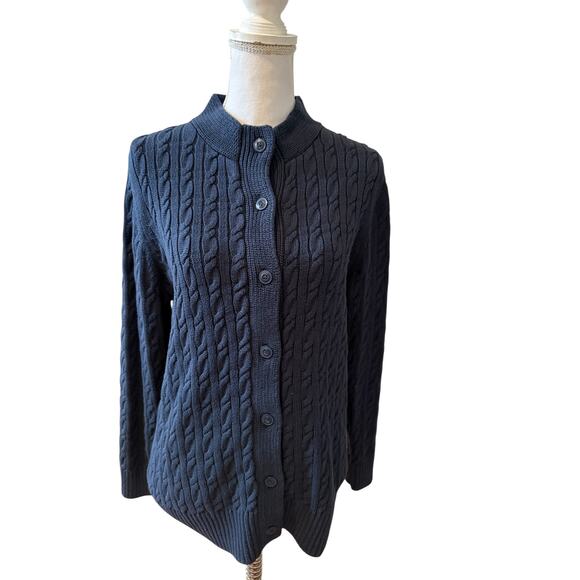 LL Bean Double L Cable Knit Cardigan Sweater Classic Navy Blue LP - Picture 3 of 8